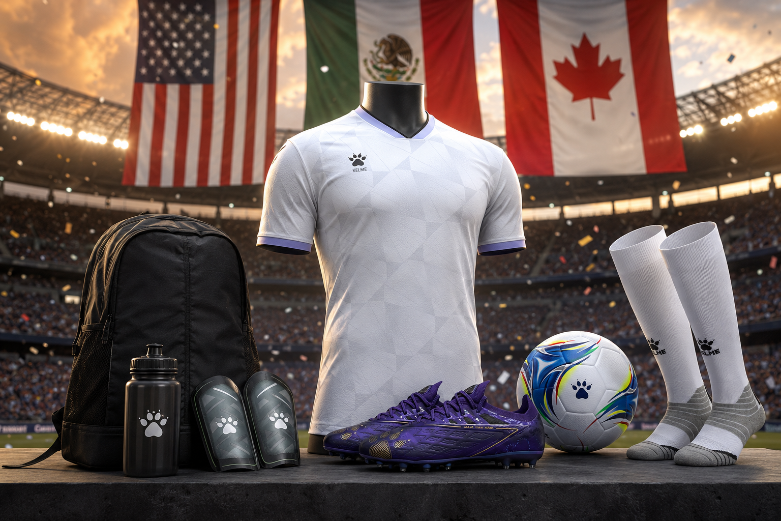 Kelme soccer jersey and kit displayed with world cup 2026 opening day countdown