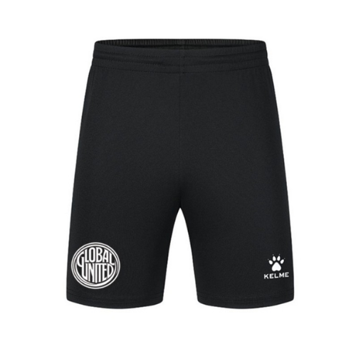Black Global United FC training shorts with circular crest and Kelme logo