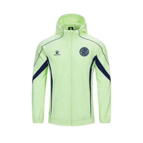Light green training jacket with navy side panels, full-zip and hood, club crest on chest