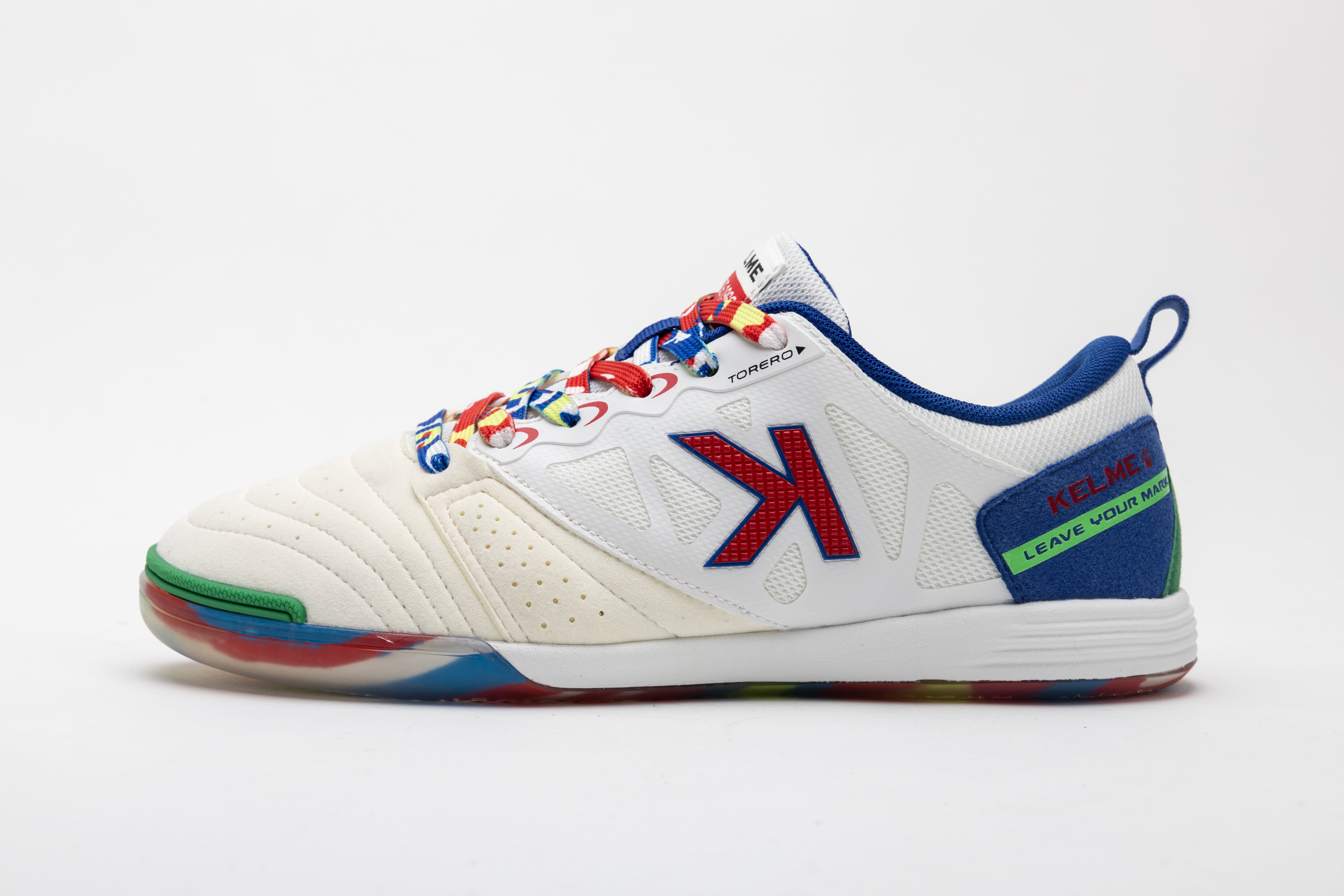 Men's futsal shoes by Kelme, white upper with red lace tips and blue side panel