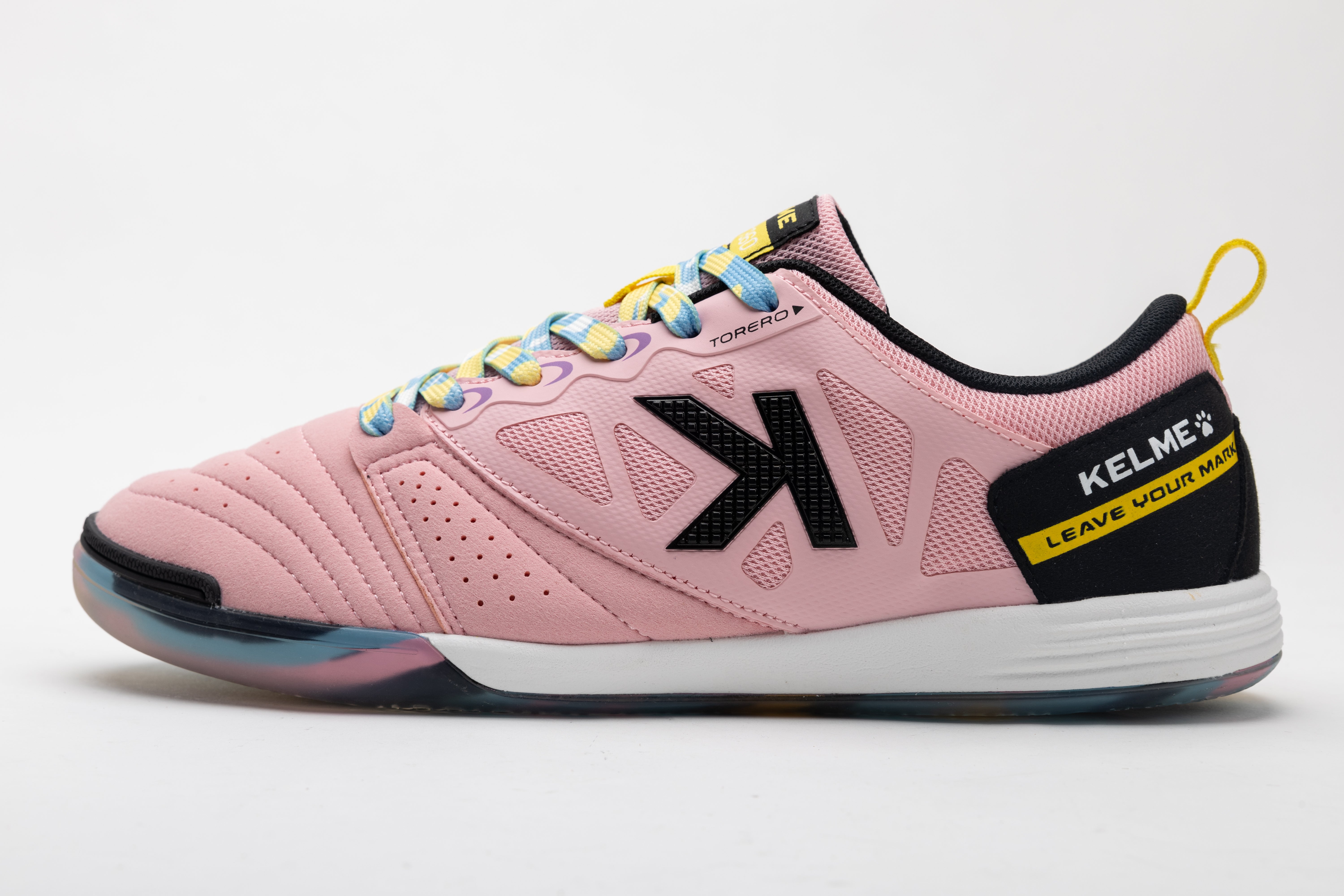 Kelme men's futsal shoe in pink with multicolor laces and black K logo