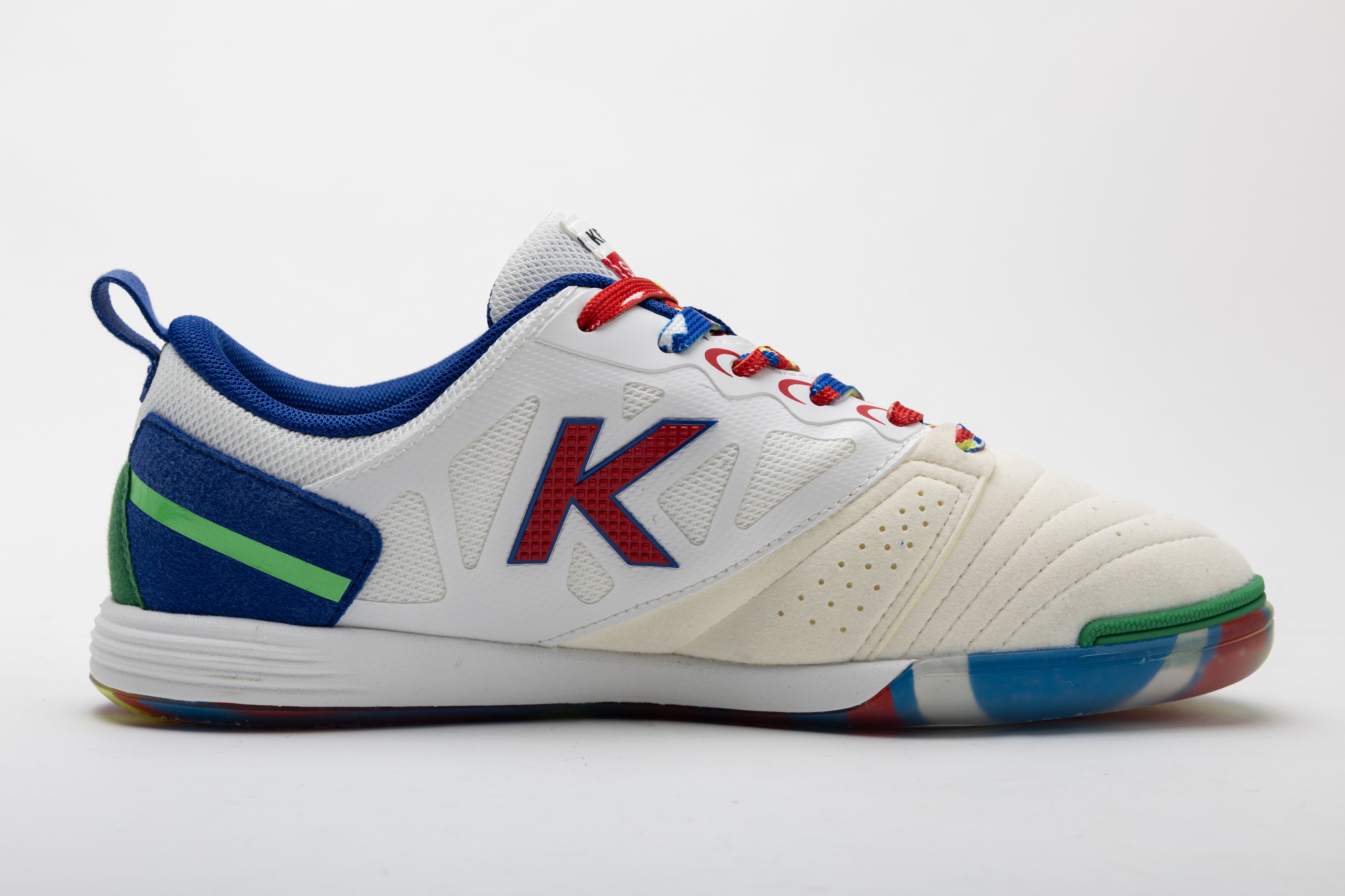 Kelme men's futsal shoes in white with blue and green accents, lace-up
