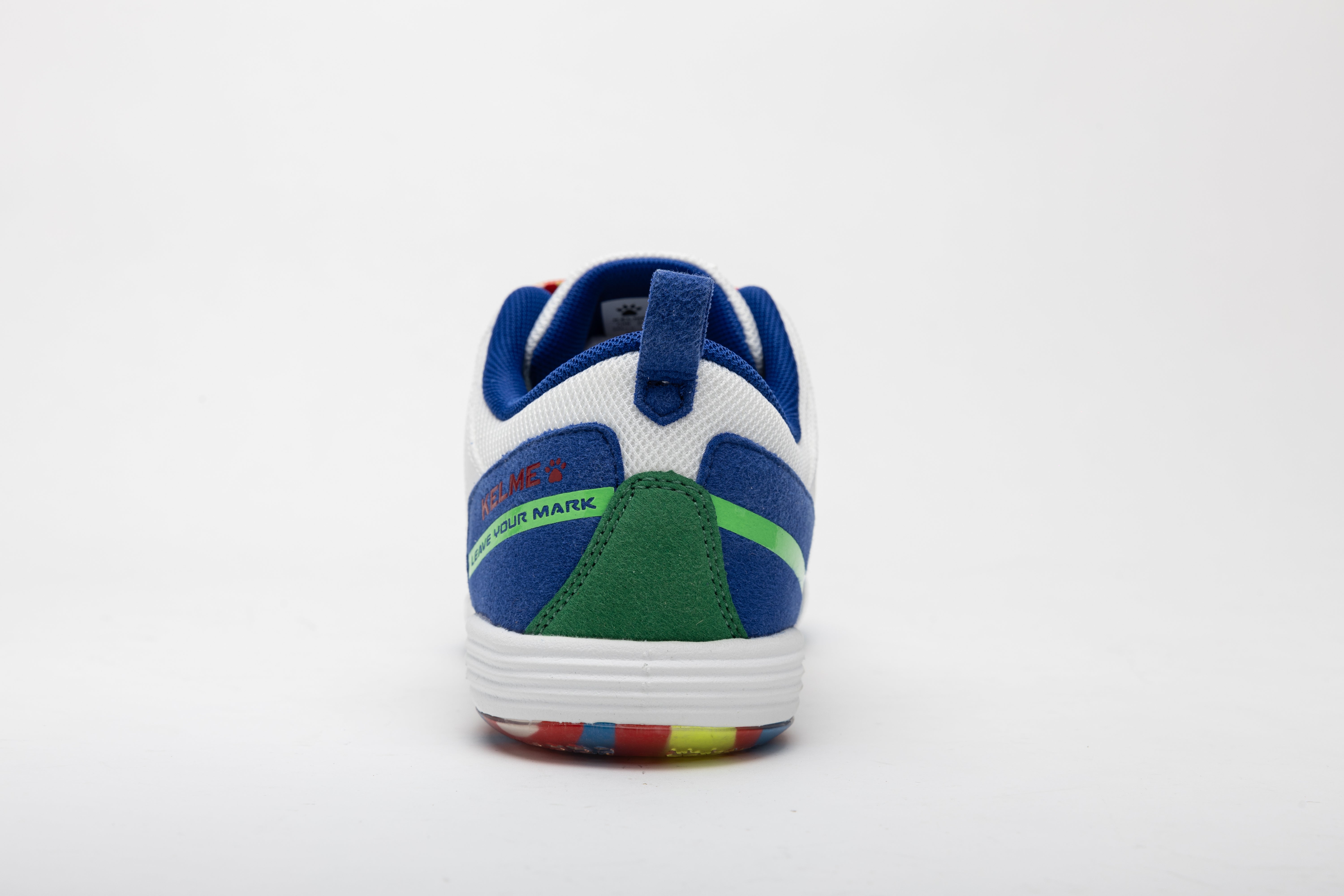 Men's futsal shoes by Kelme, heel view with blue and green panels, white upper