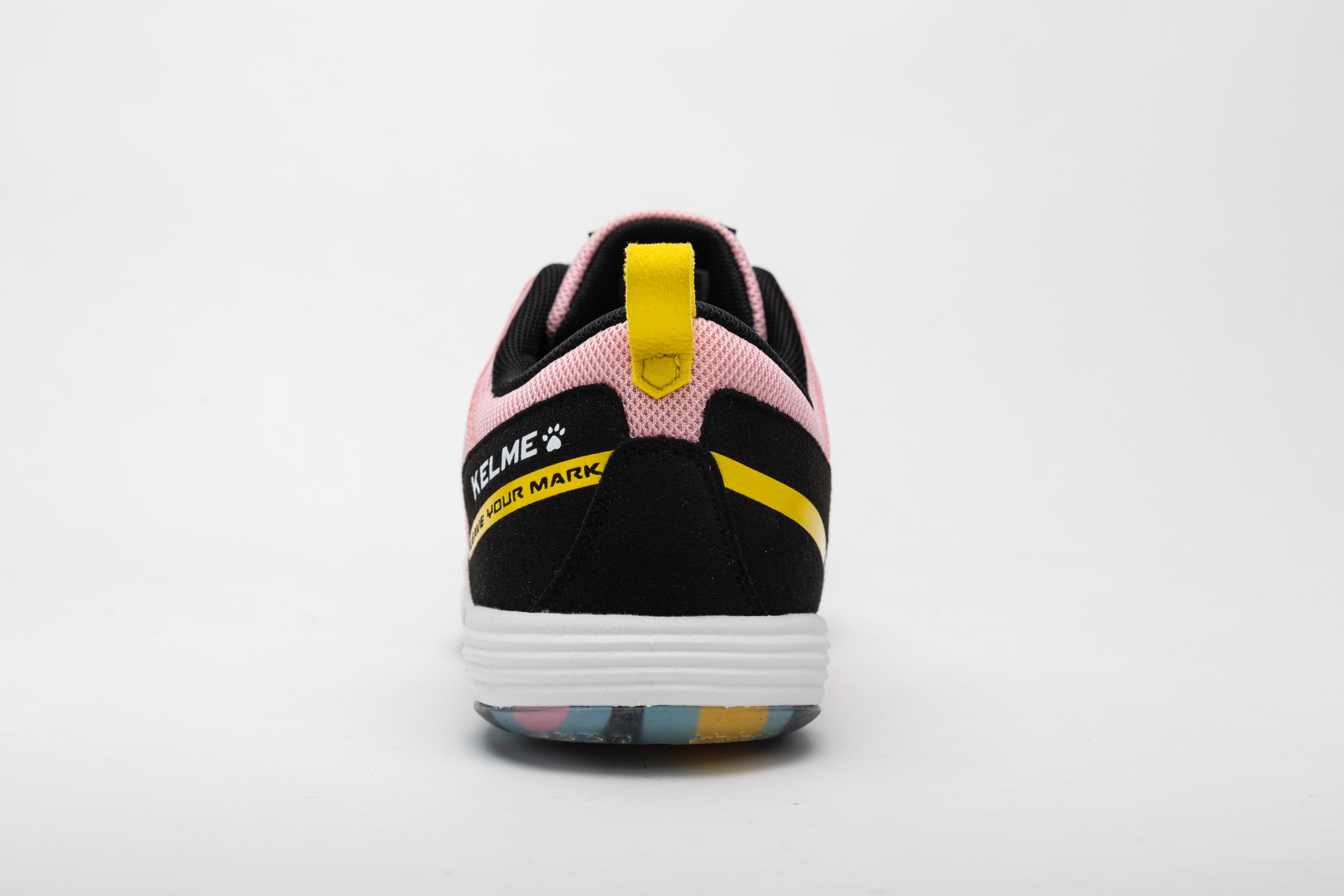 Kelme men's futsal shoes heel view in pink with black and yellow accents