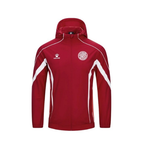 Kelme Global United FC red training jacket with hood, full zip, white sleeve stripes