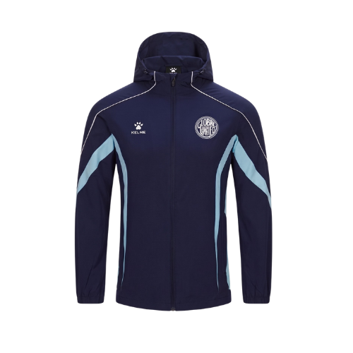 Navy hooded full-zip training jacket with light blue side stripes and Kelme logo