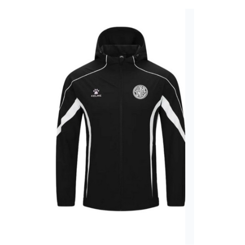 Black zip-up training jacket with hood, white sleeve stripes, Kelme and crest logos