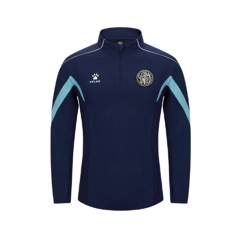Navy Kelme quarter-zip training top with light blue side panels and club crest
