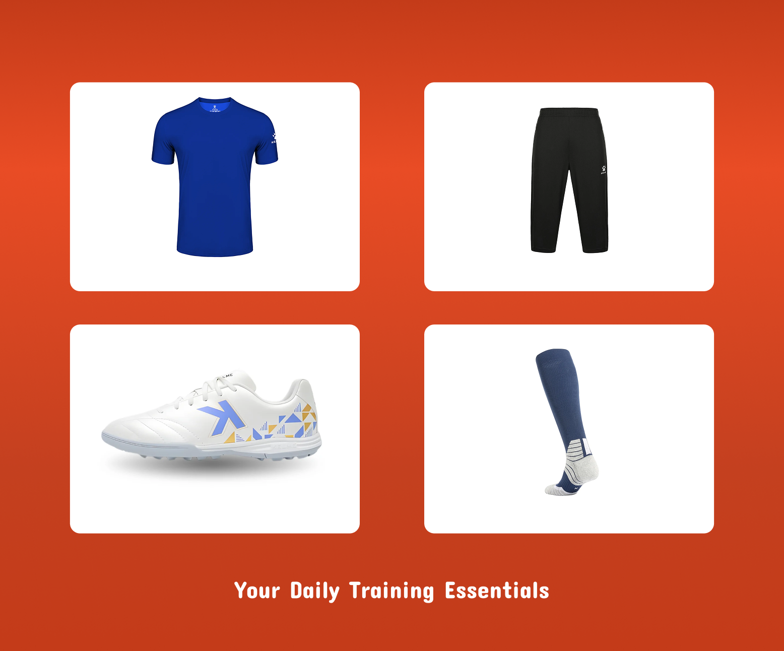Daily training kit: blue T-shirt, black training pants, soccer shoes, and white socks