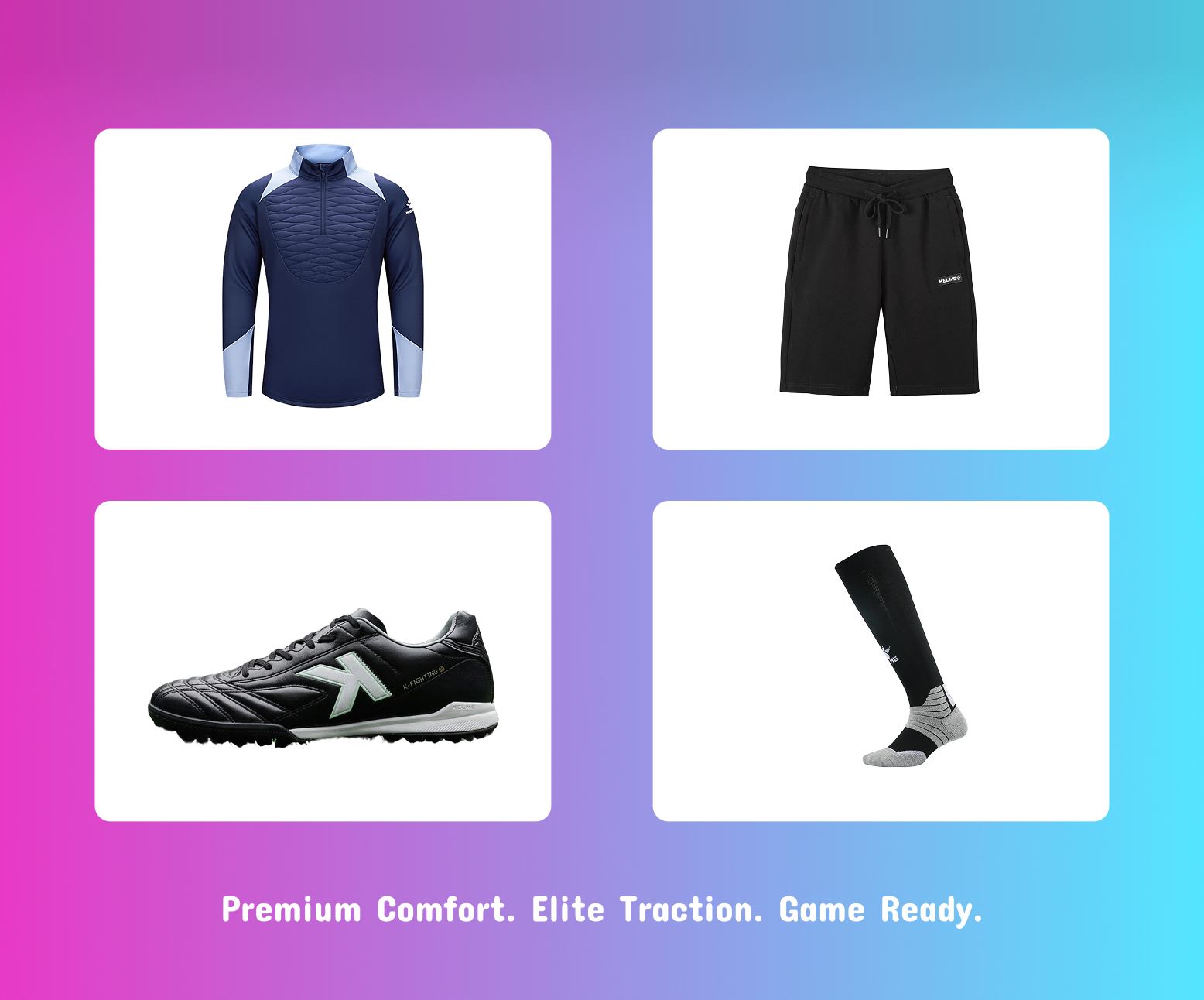 High-performance turf setup with navy half-zip top, black shorts, TF cleats, striped socks