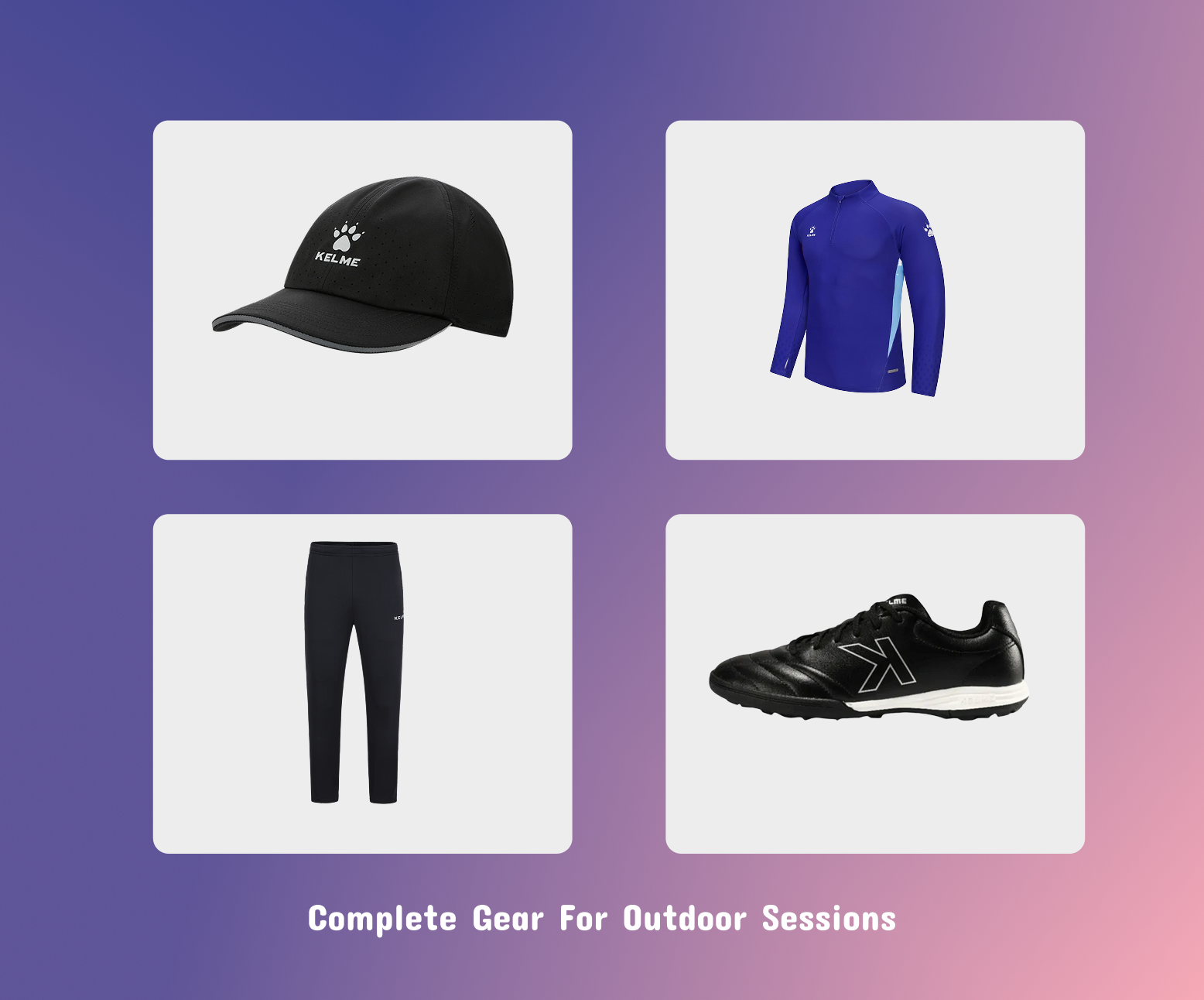 Athletic gear combo: black cap, blue 1/4-zip top, black pants, black turf soccer shoes.