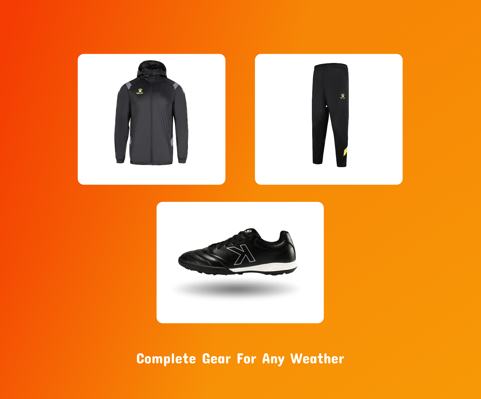 All-Weather Session set: black hooded jacket, training pants, and turf soccer shoes