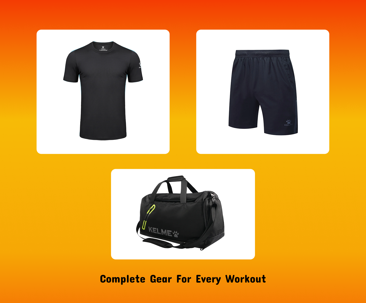 Men's training t-shirt and woven shorts set with black duffel bag