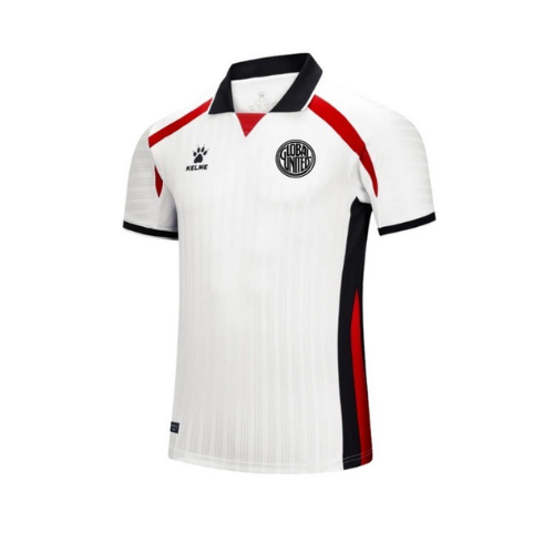White soccer shirt with black collar and red shoulder stripes, Kelme logo patch