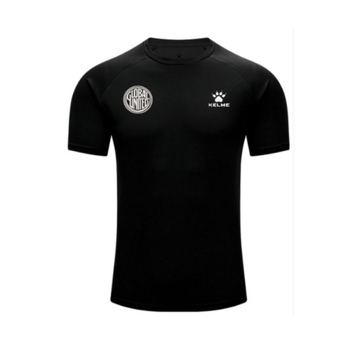 Black short-sleeve soccer T-shirt with Global United and Kelme logo on chest