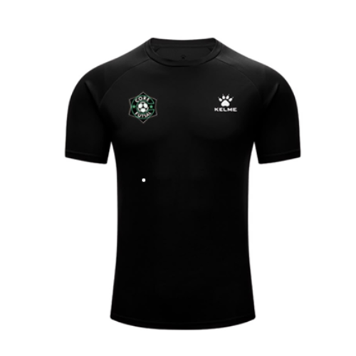 Black futsal training shirt with crew neck, short sleeves, Kelme logo and crest