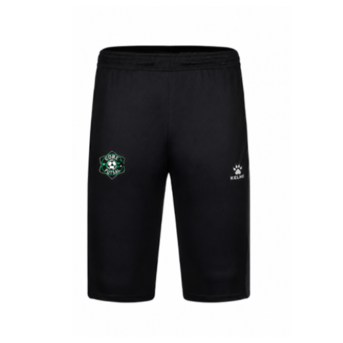 Black futsal training shorts with CORE logo and Kelme emblem on legs