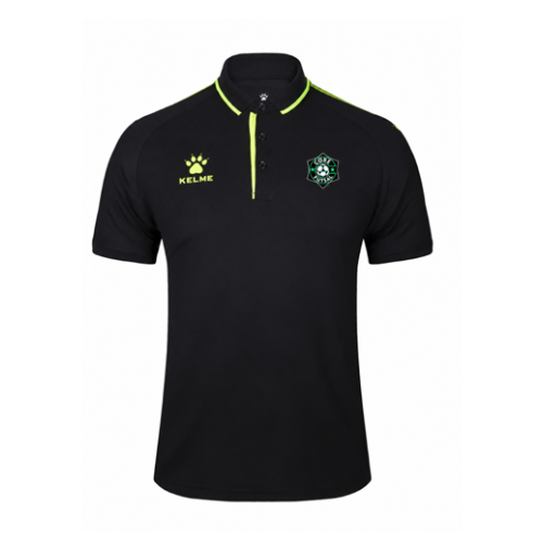 Black futsal polo with lime zipper trim and crest logos
