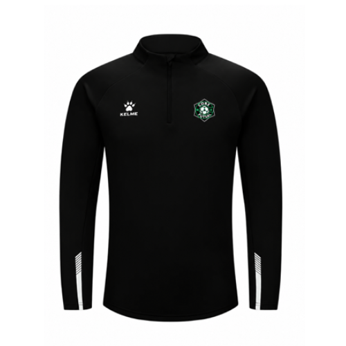 Black Kelme quarter-zip training top with long sleeves, chest logos, striped cuffs