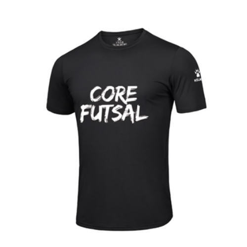 Black futsal wordmark t-shirt with CORE FUTSAL logo