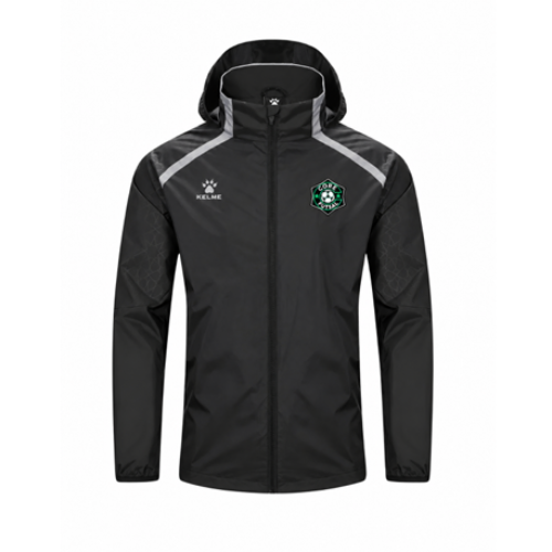 Black hooded zip jacket with silver trim and front crest patch