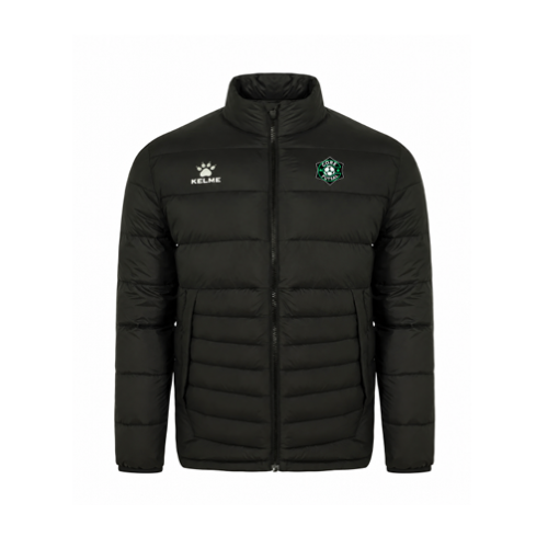 Black Kelme puffer jacket with front zipper and stand collar, chest logo patches