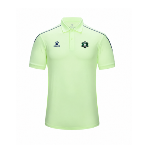 Lime green futsal polo shirt with button collar, short sleeves, and chest logos
