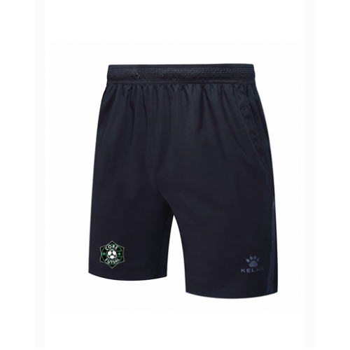 Navy futsal training shorts with elastic waistband and embroidered Kelme logos.