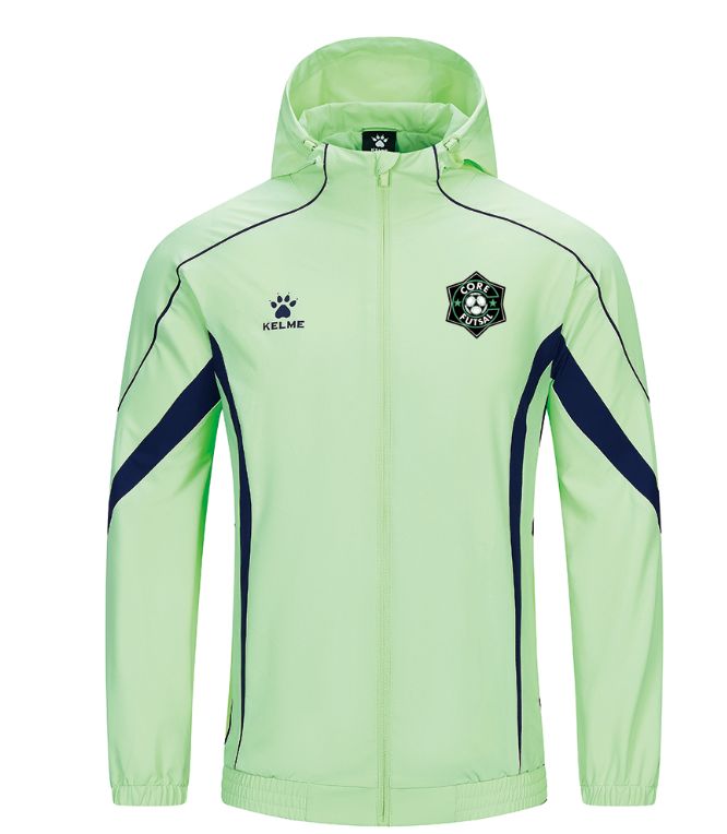 Kelme futsal jacket, light green with navy side panels and hood; full-zip front.