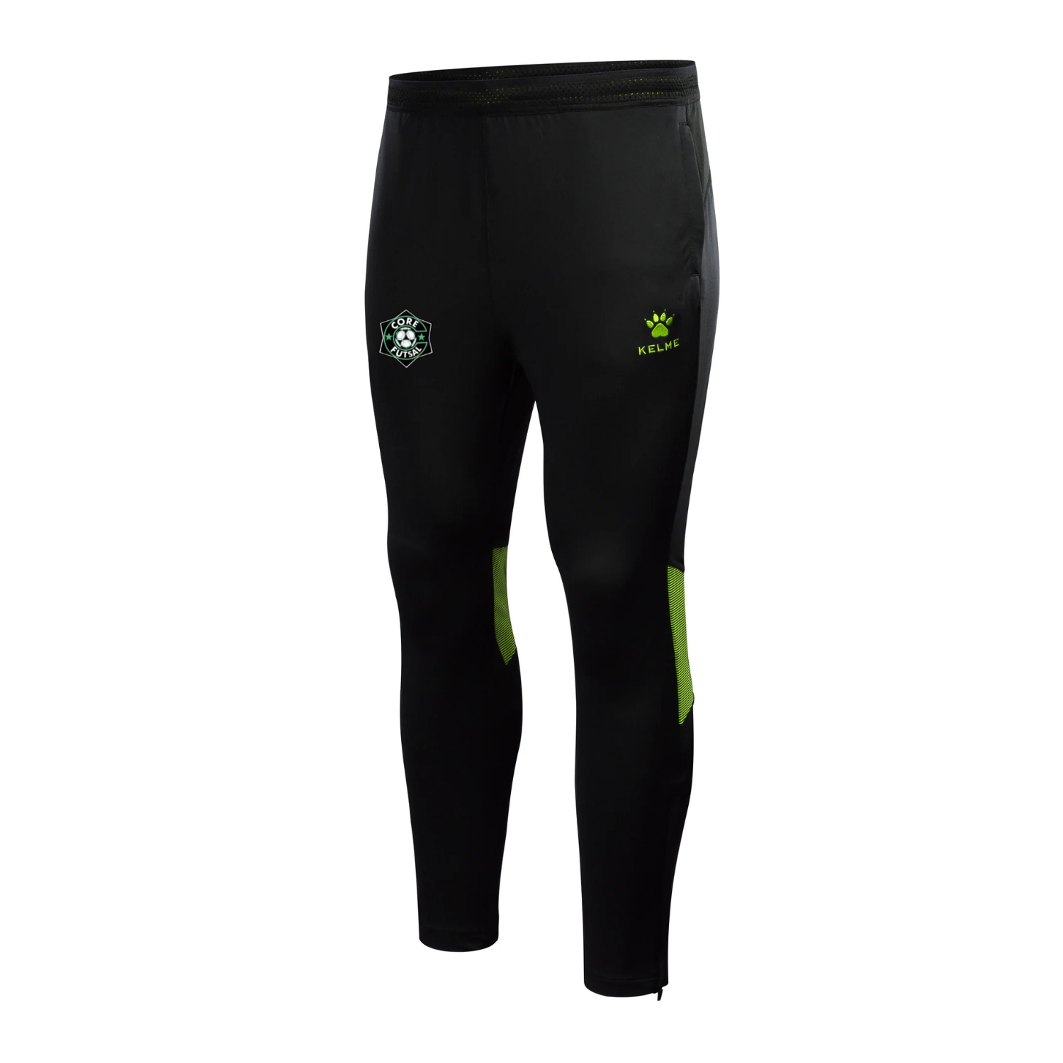 Kelme futsal training pant, black with neon green side panels and logo