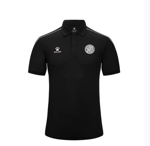 Black soccer polo shirt with button collar and team crest on chest