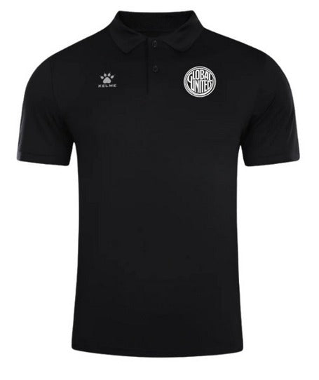 Black polo shirt with collar and button placket, Global United FC logo on chest