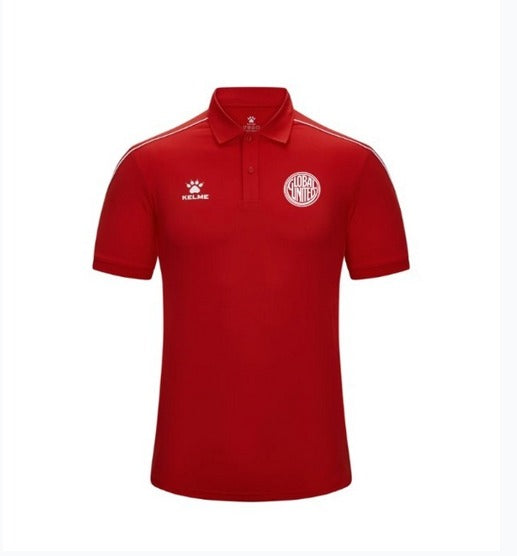 Red men’s polo T-shirt with button placket and crest logo on chest