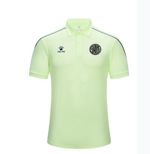 Neon green polo shirt with short sleeves, button placket, and club crest logos