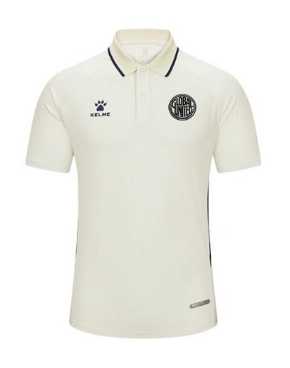 White polo shirt with dark-trim collar, button placket, and Global United FC crest