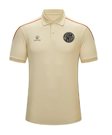 Light beige polo shirt with orange shoulder piping and Global United crest