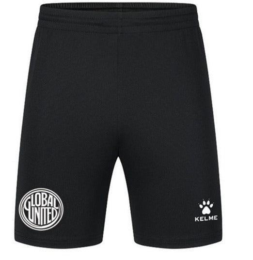 Black training shorts with Global United and Kelme logo patches