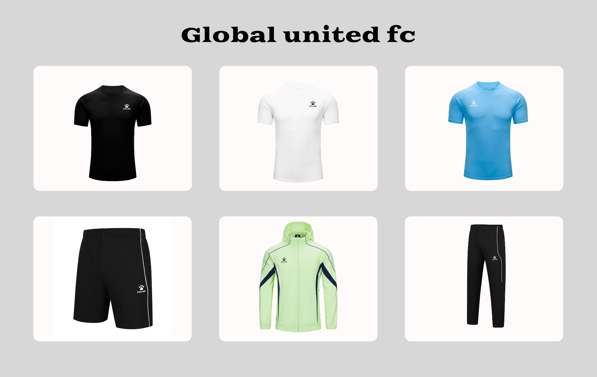 KELME soccer training set: black/white/blue tees, shorts, green jacket, black pants