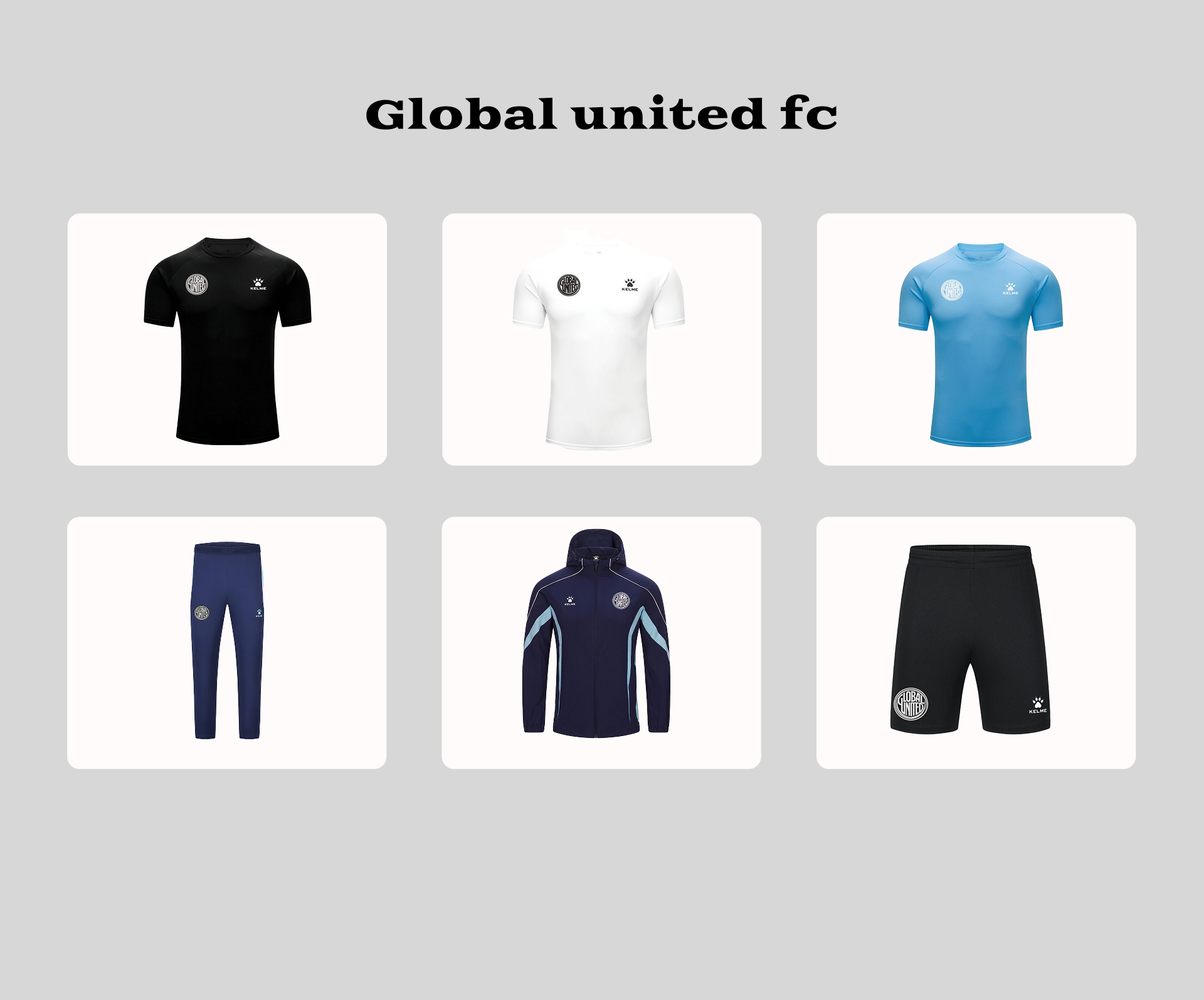 Soccer training kit set with jerseys and shorts/pants in black, white, blue, and navy