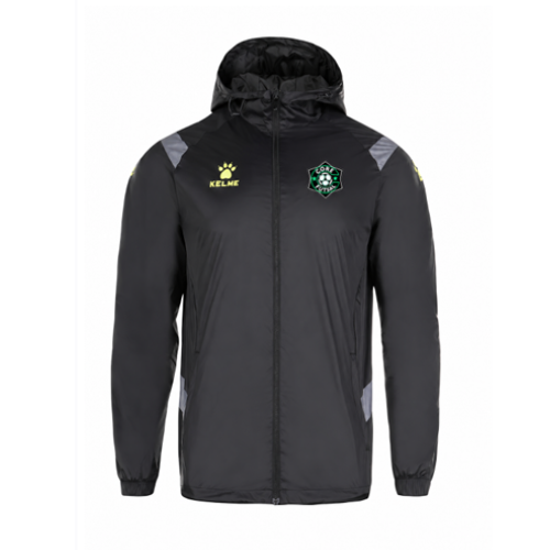 Black hooded futsal windbreaker jacket with Kelme logo and zip front