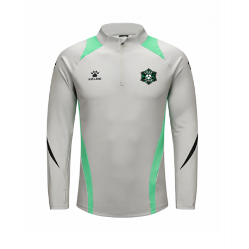 Men's gray quarter-zip training top with mint side panels and crest logo
